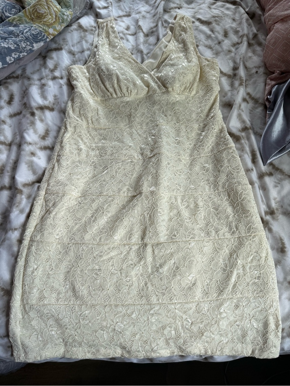 Valerie Bertinelli Cream Lace Mini Dress